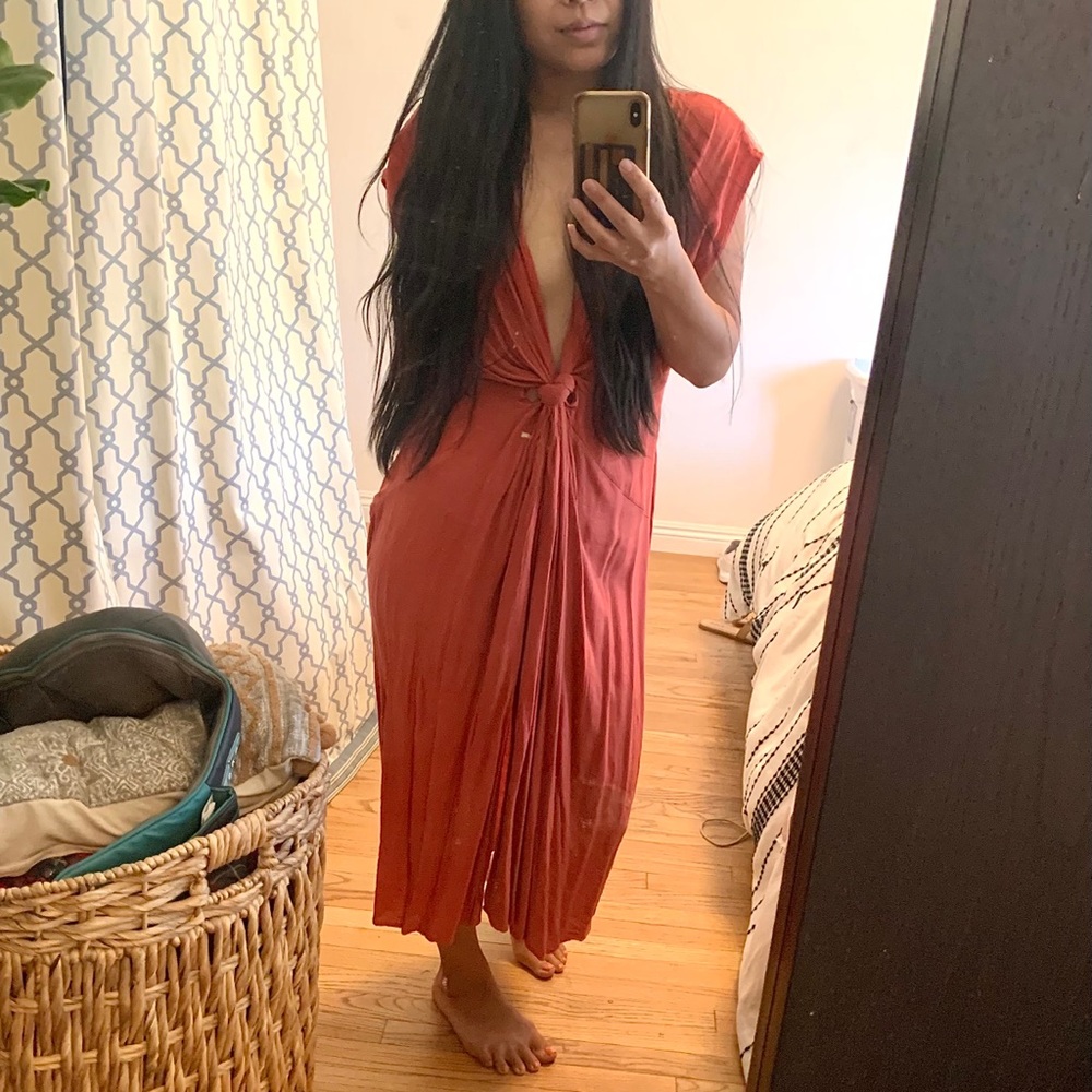 Cotton Candy LA Plunge Knot Dress in Burnt Orange
